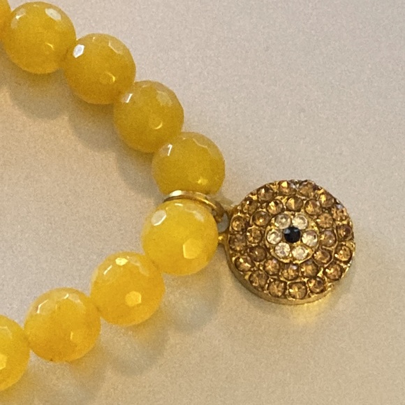 Stretch Citrine Faceted Ball Bead Bracelet with Hanging Evil Eye Crystal Charm - Picture 2 of 6